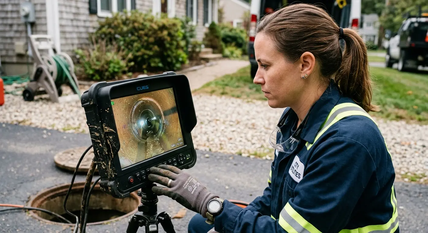 Technician reviewing sewer camera inspection footage in Jan Phyl Village