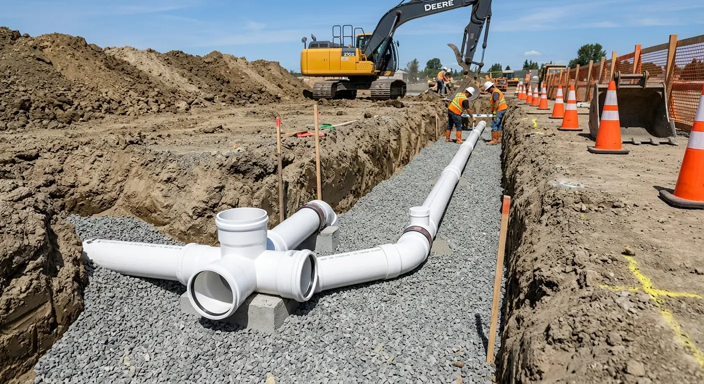 New PVC sewer pipe installation in open trench for Commercial Drain Cleaning in Jan Phyl Village