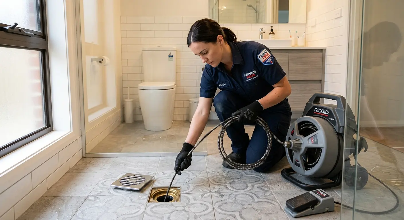 Technician clearing a bathroom floor drain for Sewer Line Replacement in Jan Phyl Village